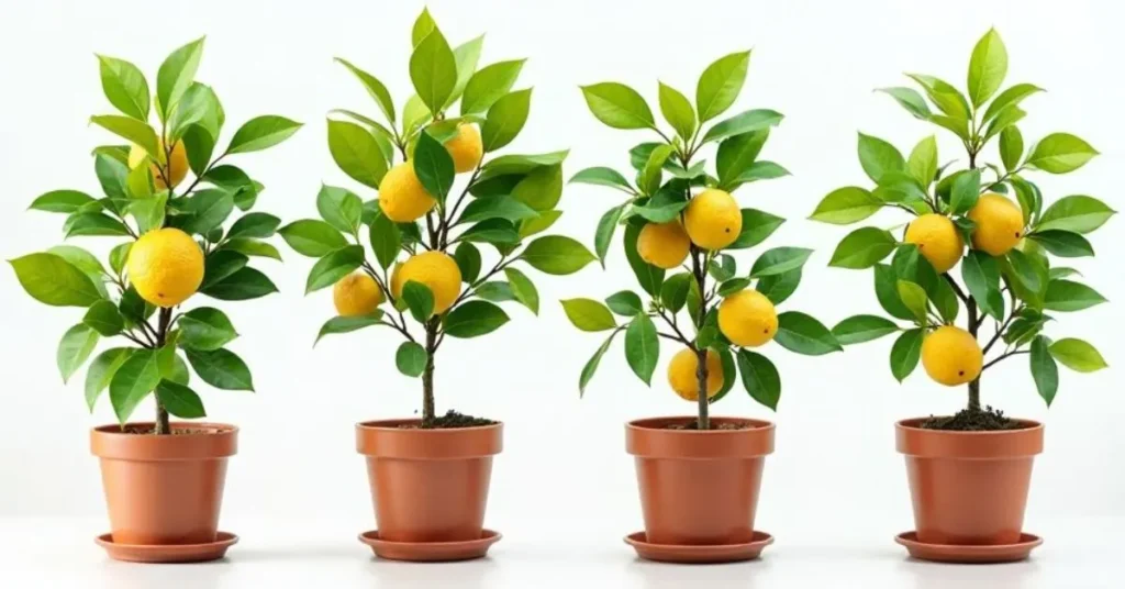 Different lemon varieties grown in pots including Meyer, Ponderosa, Eureka, and Dwarf.