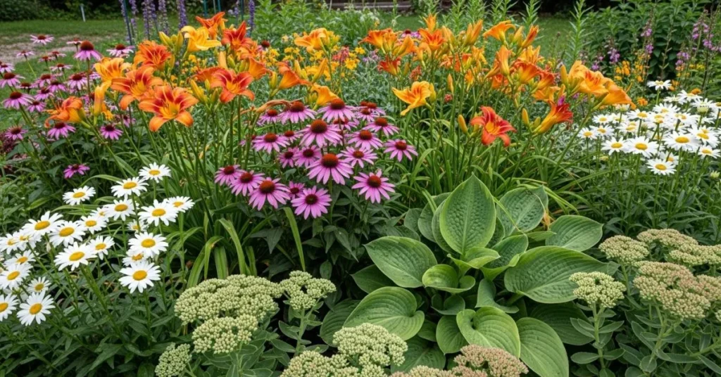 Best perennial flowers for beginners including daylilies, coneflowers, hostas, daisies, and sedum growing in a bright garden.