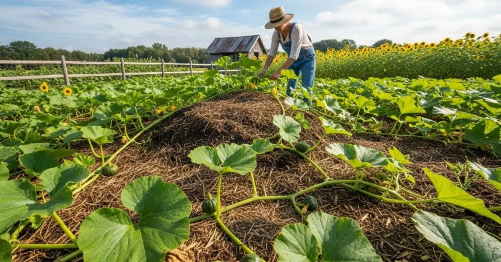 Gardener training pumpkin vines and mulching soil in a sunny garden.