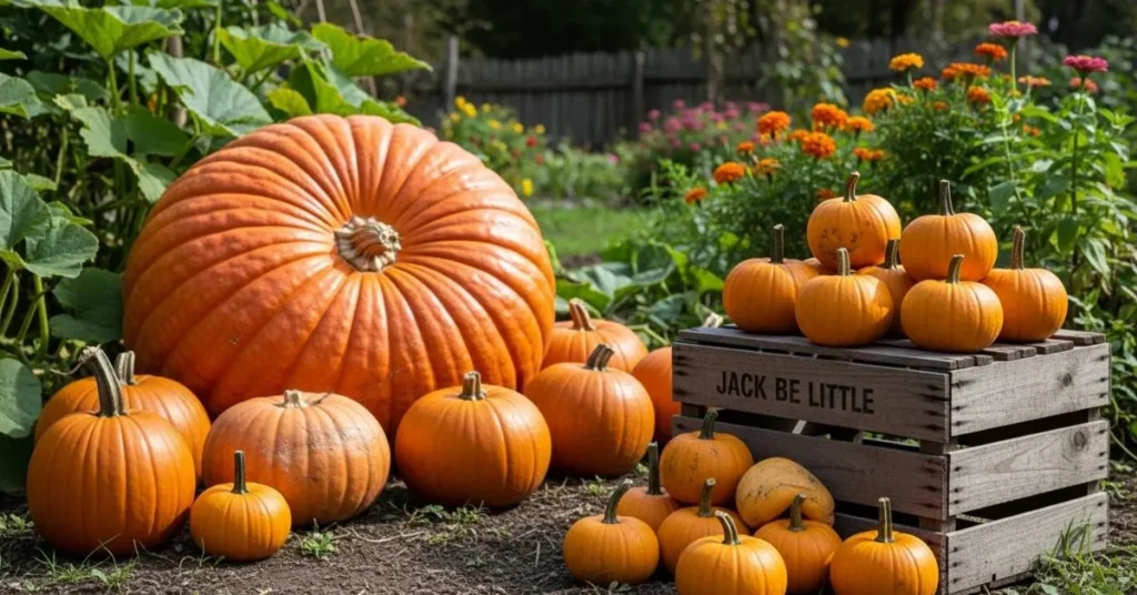 Different pumpkin varieties including mini Jack Be Little, giant Atlantic Giant, and pie pumpkins.