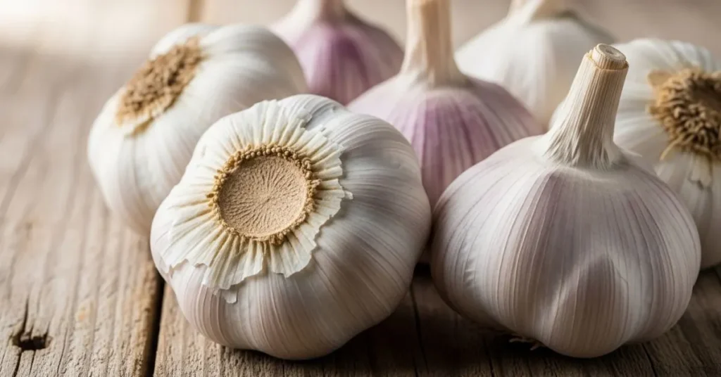 hardneck and softneck garlic bulbs on wooden table