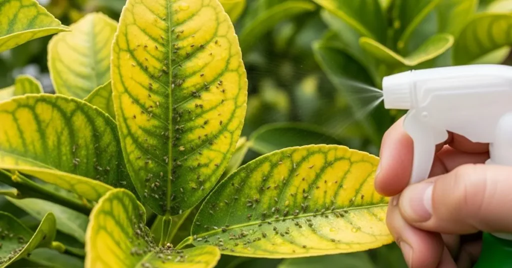 Treating yellowing leaves and pests on an indoor lemon tree with neem oil.