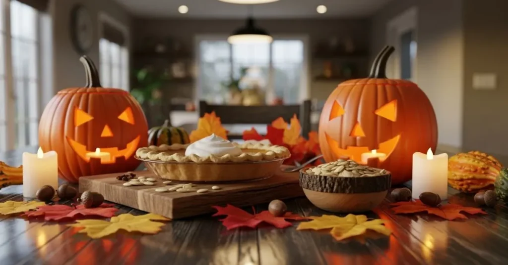 Pumpkin pie, roasted seeds, and carved pumpkins used for cooking and decoration.