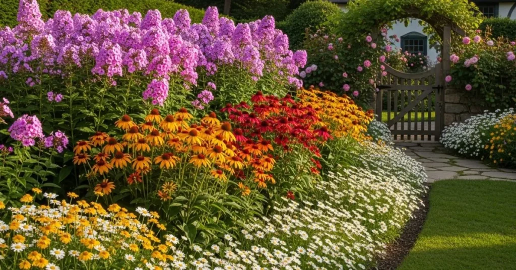 Cottage-style garden design with layered perennial flowers like coneflowers, phlox, and daisies.