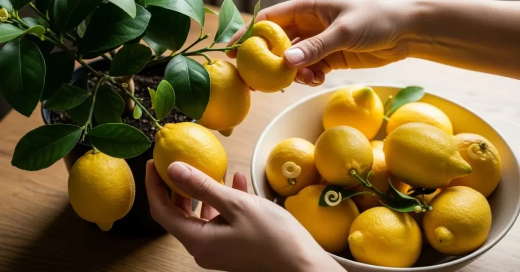 Harvesting ripe yellow lemons from an indoor potted tree.