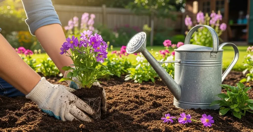 Gardener planting perennial flowers in prepared soil with compost and watering can beside.