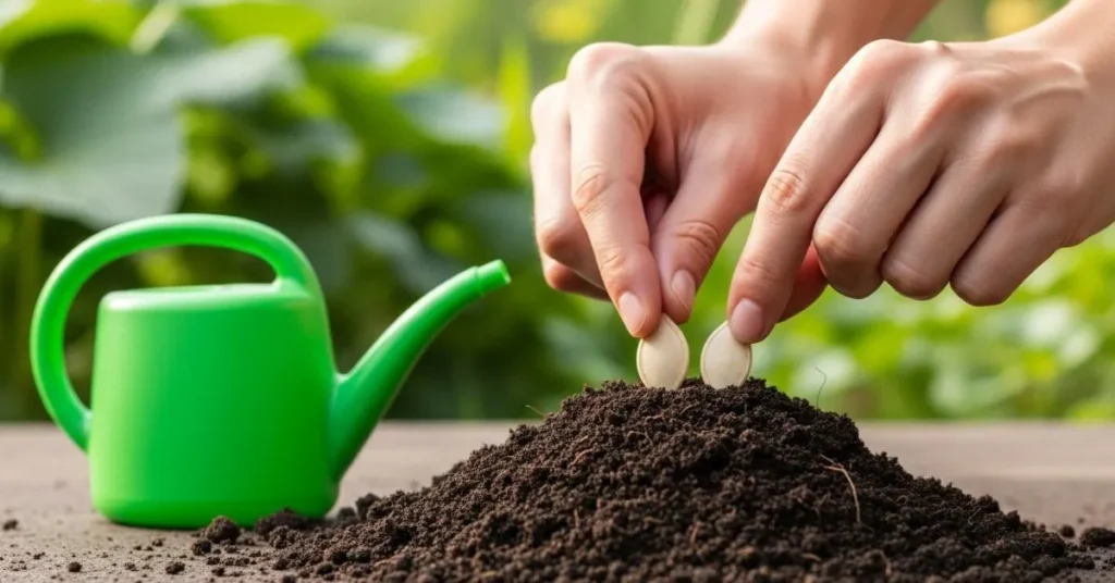 Close-up of gardener planting pumpkin seeds into soil mounds in the garden.