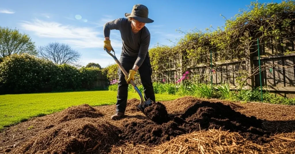Gardener preparing backyard soil with compost and mulch for growing pumpkins.