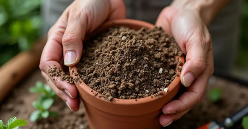 Preparing potting soil mix with perlite and sand for planting a lemon tree in a container.