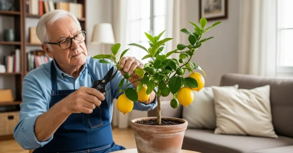 Pruning branches of an indoor lemon tree with shears.