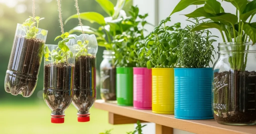 Reusing Old Bottles and Cans for Container Gardening