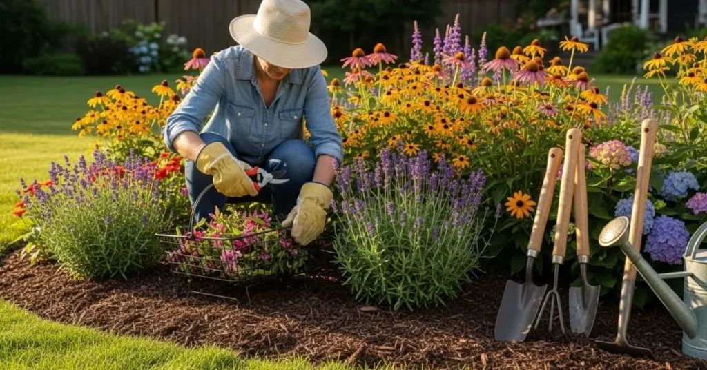 Seasonal care of perennial flowers with gardener deadheading blooms and spreading mulch.