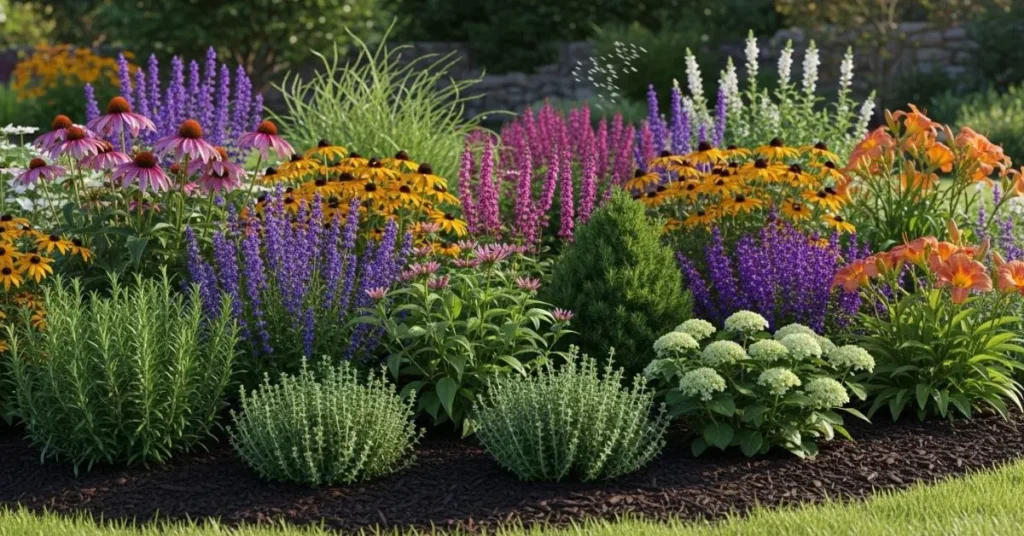 Healthy perennial garden with flowers, herbs, and shrubs growing in mulched soil under sunlight.