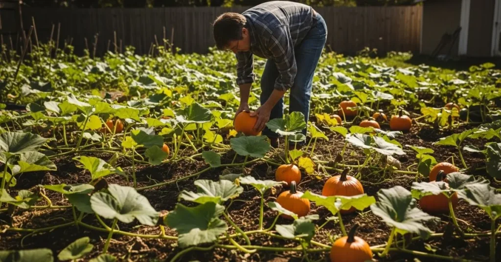Pumpkin vines growing in backyard garden