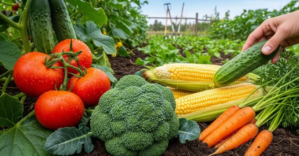 Harvesting tomatoes cucumbers corn carrots broccoli garden tips