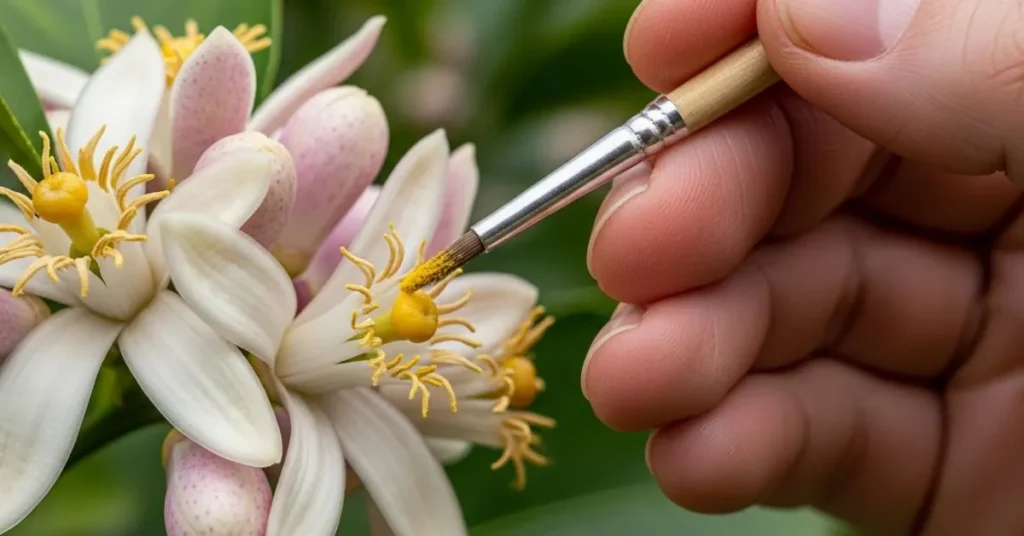Hand pollinating indoor lemon tree flowers with a paintbrush.