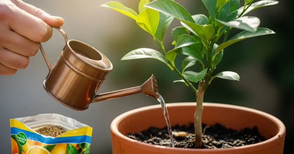 Watering an indoor lemon tree with fertilizer nearby.