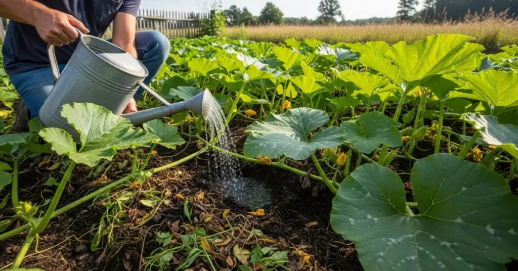 Gardener watering pumpkin plants at the base with compost in soil.