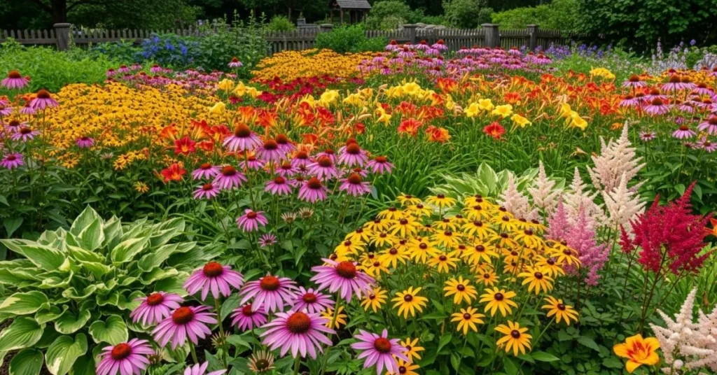 Perennial flowers coneflowers black-eyed Susans daylilies hostas astilbes