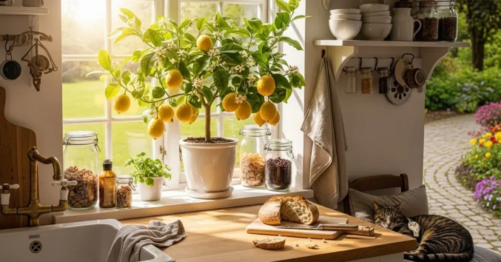 Indoor lemon tree with ripe yellow lemons and blossoms on a kitchen windowsill.
