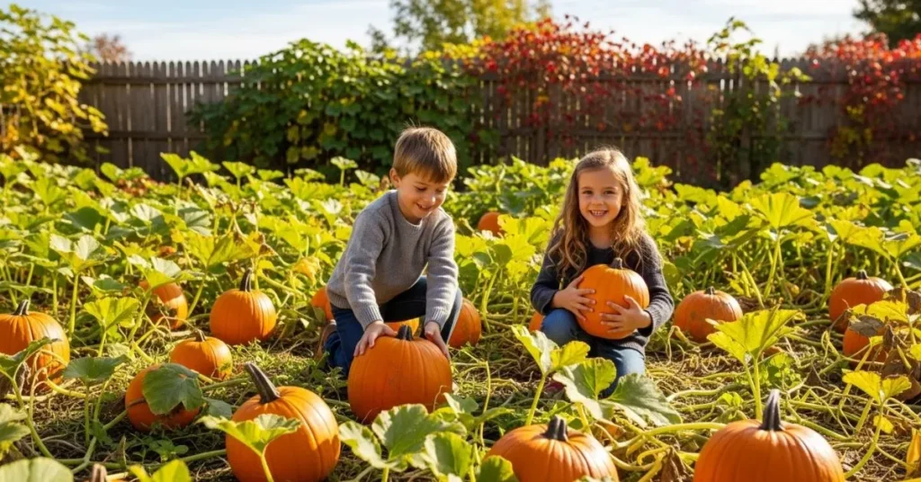 Children harvesting pumpkins in a backyard garden with vines under autumn sunlight.