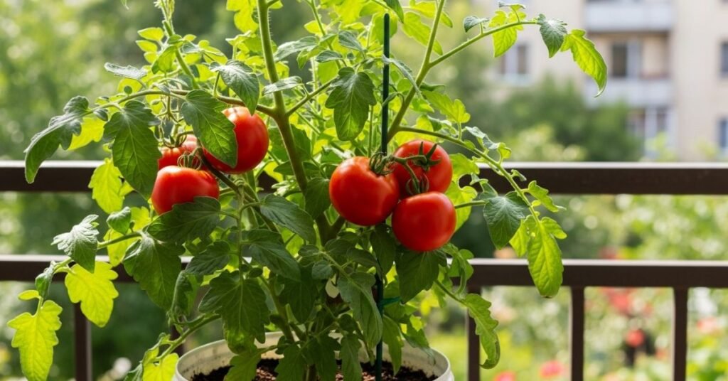 Ripe tomatoes growing in a bucket on a sunny balcony container garden.