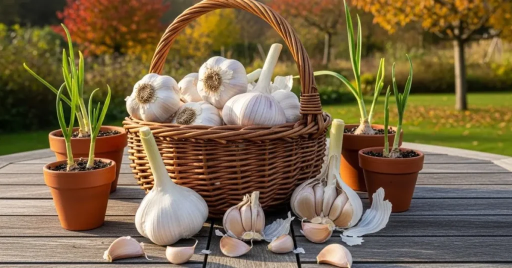 Large garlic bulbs saved for replanting and container garlic growing tips.