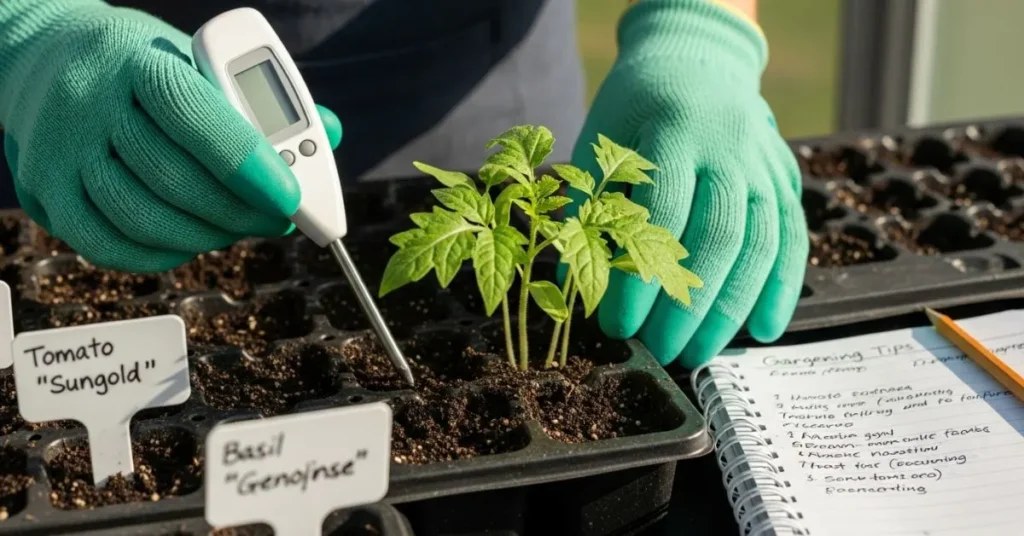 Experienced gardener examining healthy seedlings and using tools to apply advanced seed gardening techniques.
