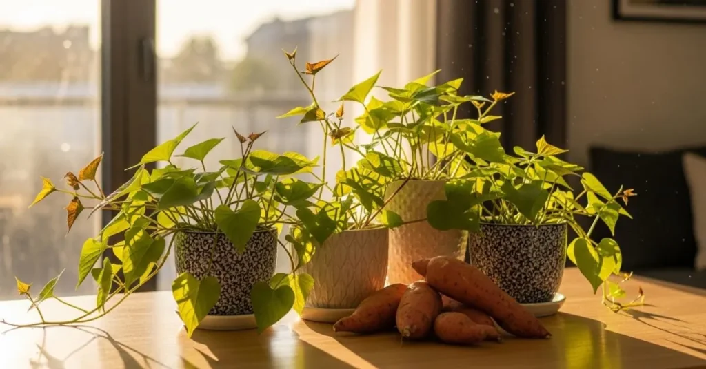 Beautiful indoor sweet potato plants with green vines and harvested tubers near a sunny window, showing the benefits of growing sweet potatoes indoors.