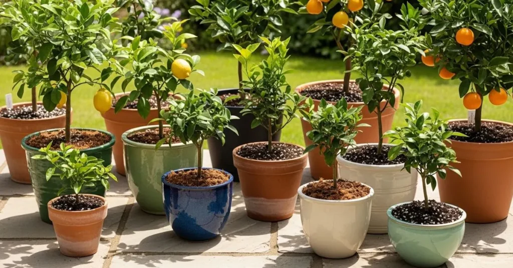 Citrus trees in terracotta and plastic pots with well-draining soil mix of perlite, coco coir, and compost.