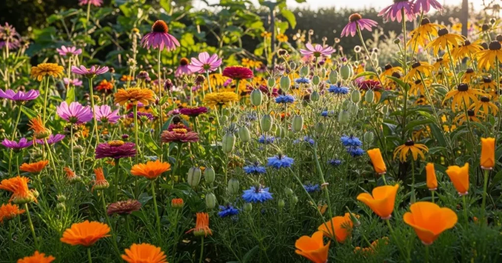 A colorful fall garden with calendula, cosmos, zinnias, nigella, coneflowers, black-eyed Susans, and California poppies blooming together.