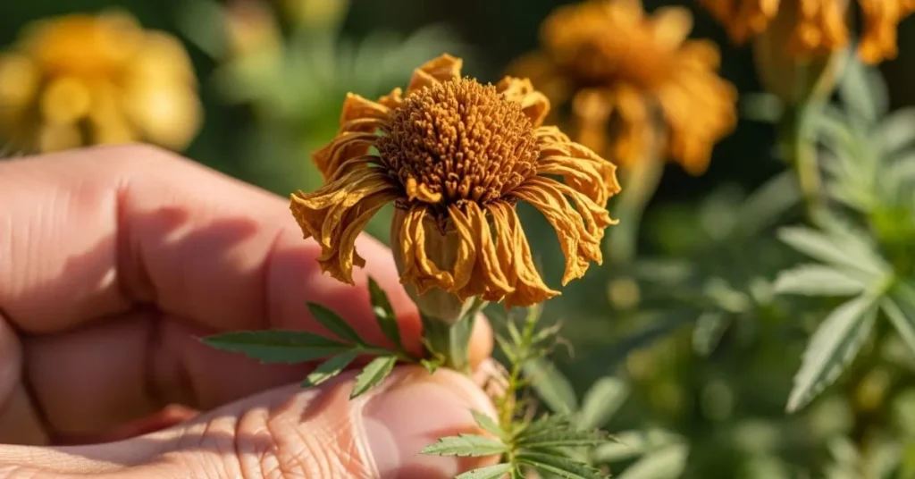 Fully dried marigold flower head with brown petals and brittle seed pod, showing the best time to collect marigold seeds in the garden.