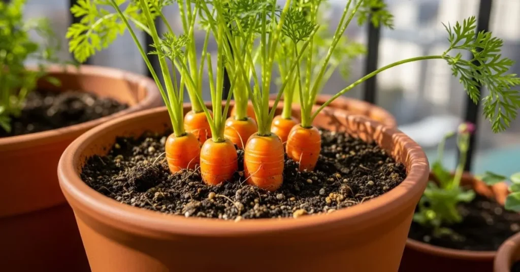 Carrots growing in a deep container with healthy green tops.