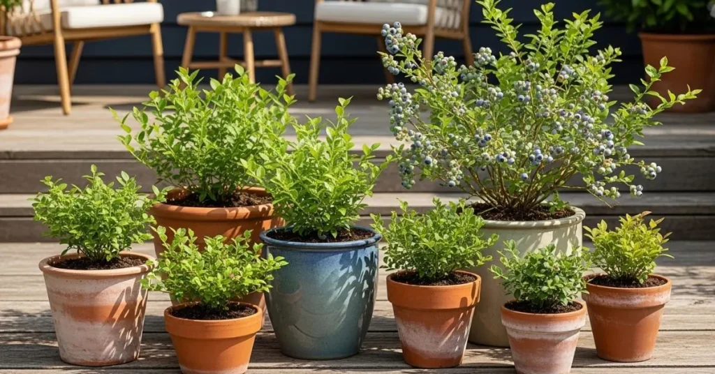 Different blueberry plant varieties growing in containers, showing compact dwarf types and larger highbush plants on a sunny patio.