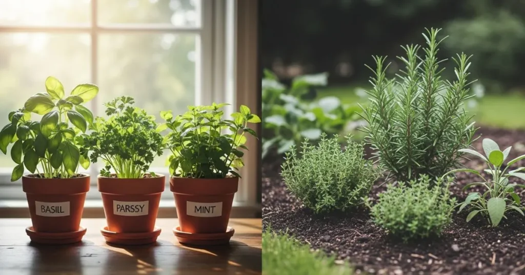 Indoor herbs like basil and mint growing in pots near a window with outdoor herbs like rosemary and thyme in a garden bed under sunlight.