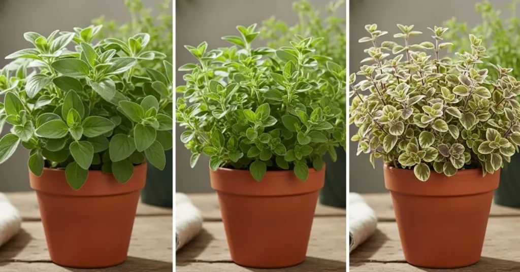 Different oregano varieties including Mediterranean, Greek, and ornamental types growing in pots.