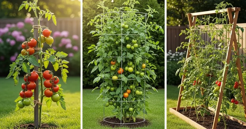 Comparison of tomato support systems, stake, cage, and trellis, in a sunny home garden.