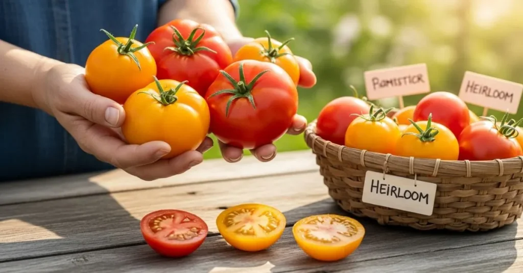 Gardener selecting ripe heirloom tomatoes for seed saving, with cut-open fruits showing seeds and labeled varieties on a wooden table