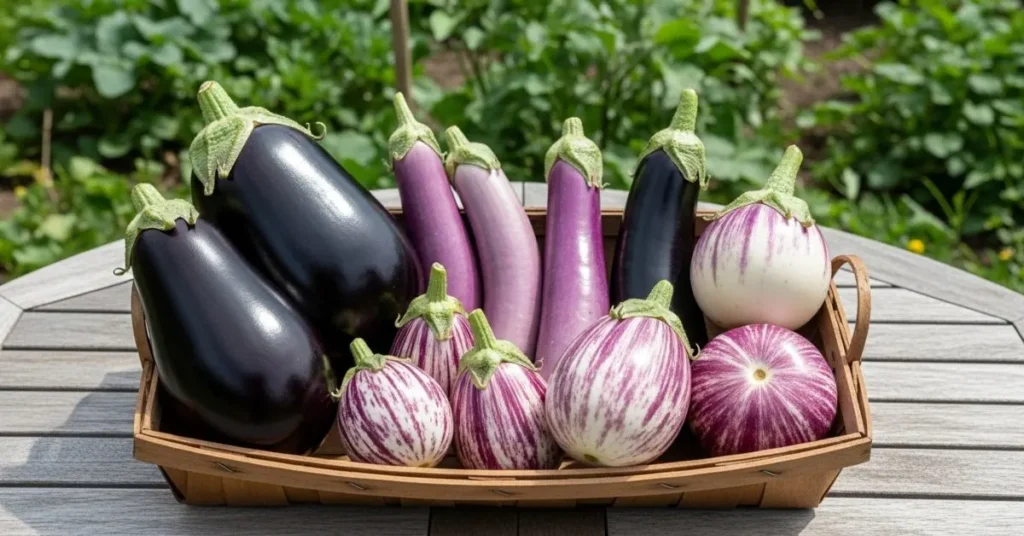Different varieties of eggplants including Black Beauty, Fairy Tale, Rosa Bianca, and Ichiban displayed on a garden table.