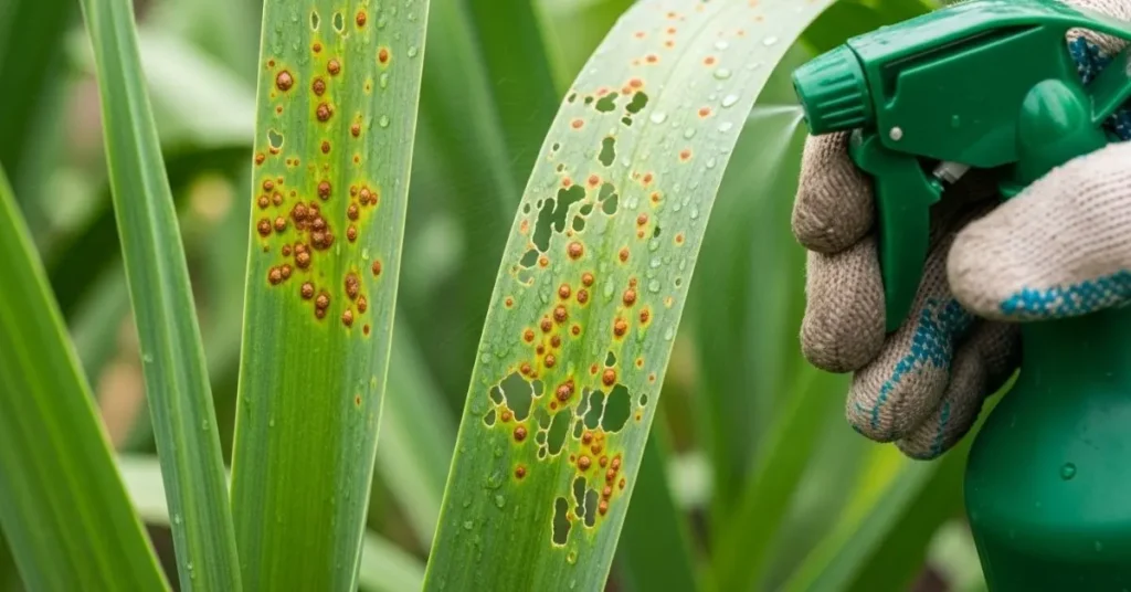 Treating garlic plants for rust and pests in fall with neem oil.