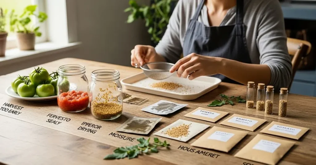 Common tomato seed saving mistakes like using unripe tomatoes, skipping fermentation, or storing seeds in damp conditions.