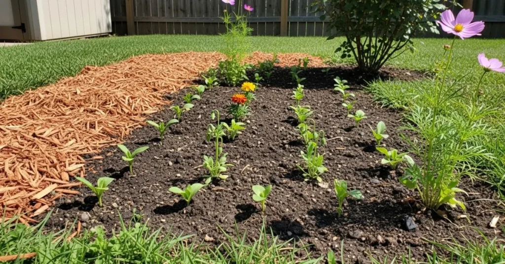 Self-seeding flower seedlings growing in garden soil with mulch and small weeds visible.