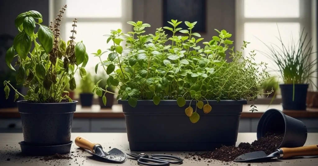 Overwatered and overcrowded indoor herb pots in low light, showing common mistakes to avoid when growing herbs at home.