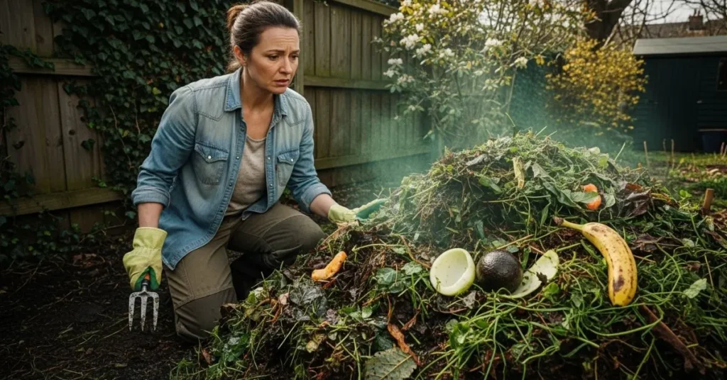 Gardener checking smelly compost pile to fix common home composting mistakes.
