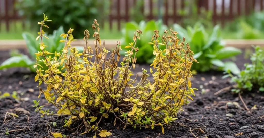 Damaged thyme plant showing mistakes in harvesting and care.
