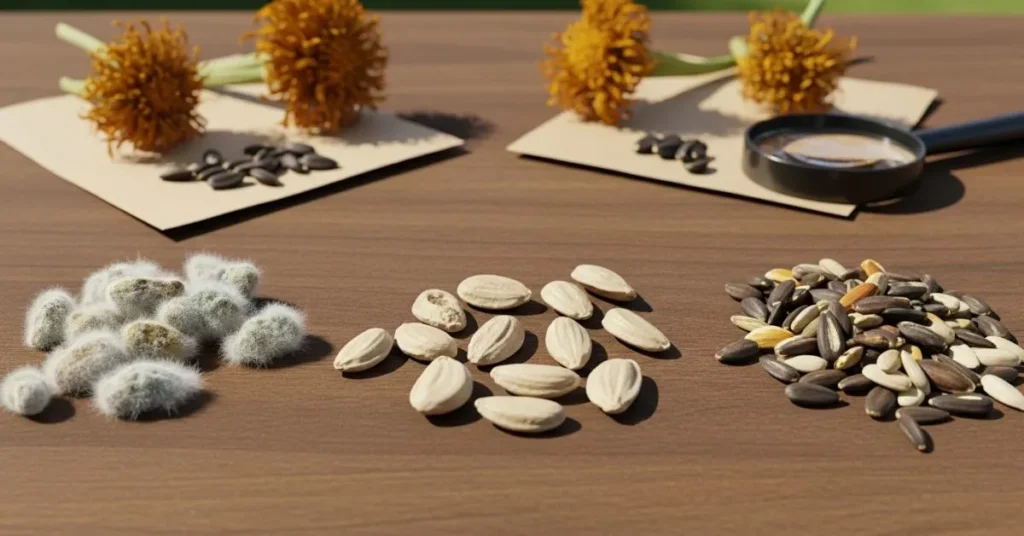 Close-up of marigold seeds showing common problems — moldy seeds with white fuzz, pale low-germination seeds, and mixed seed varieties on a gardener’s workbench with dried marigold flowers and seed envelopes in bright natural light