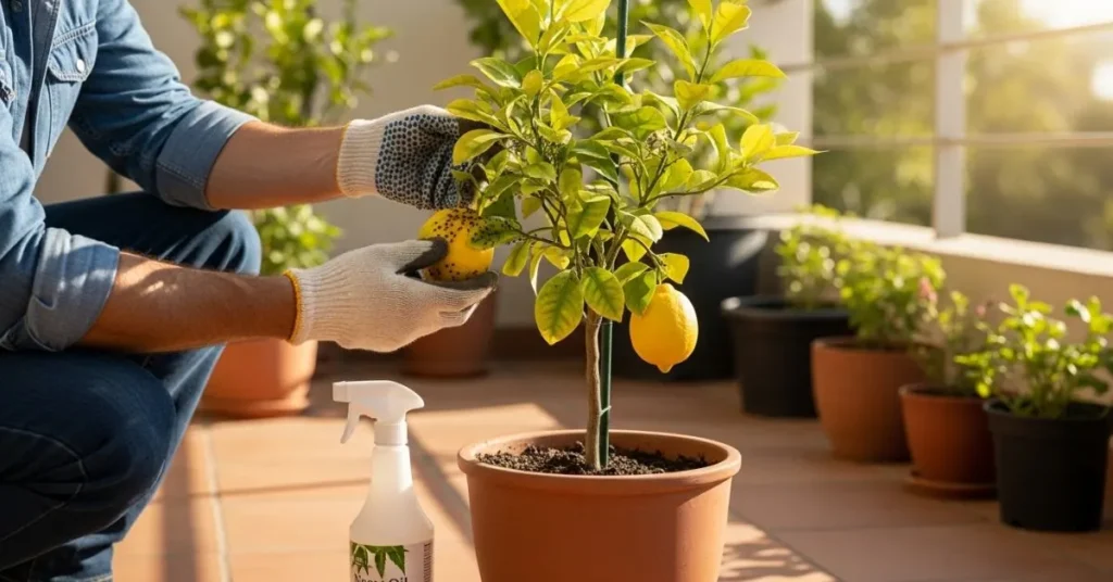 Gardener treating yellow leaves and pests on a potted citrus tree using neem oil spray.
