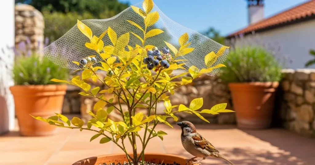 Potted blueberry plant with yellowing leaves, netting for protection, and bird nearby.