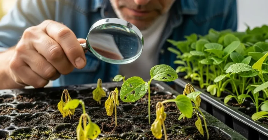 Gardener inspecting weak seedlings with pest and overwatering issues in a home garden, identifying common seed gardening problems.