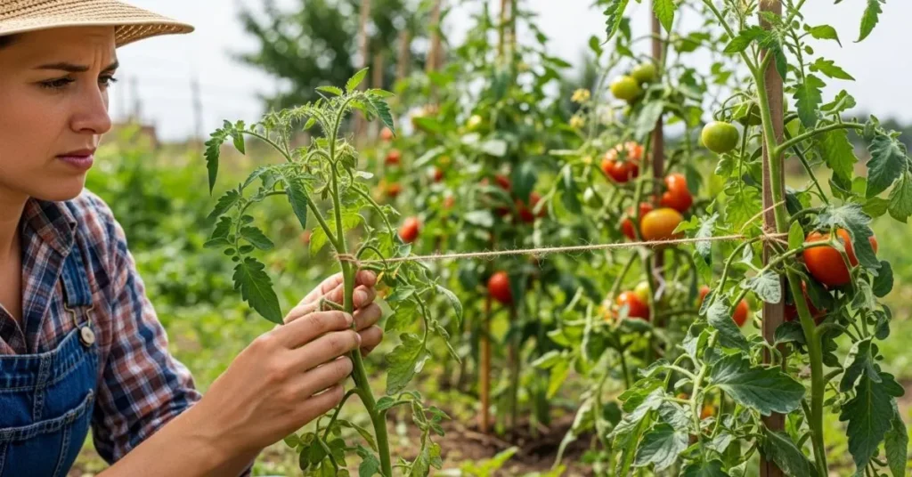 Common tomato training mistakes like over-pruning, tight ties, and missing supports in a home garden.